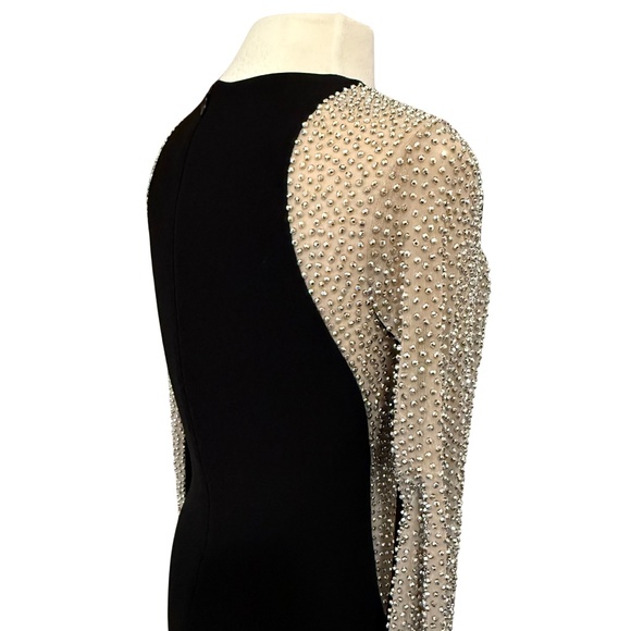 XSCAPE Dress Sz 6 Silver Beaded Black Stretch Mini Illusion Slimming Long Sleeve - Picture 12 of 15